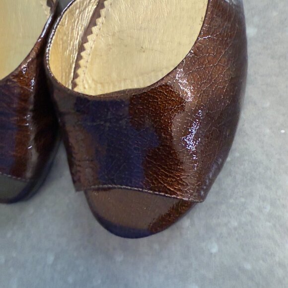 Gianni Bini Brown Crackled Leather Peep Toe Slingback Wedges – Size 9M - Picture 5 of 12